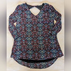 Lush Jewel Toned Floral Flowy Black Tunic Blouse 3/4 Sleeves Size S Whimsigoth